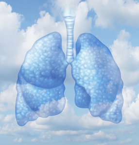 Image of clean lungs set against a pretty blue sky with fluffy white clouds.