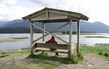 Woman sitting on a covered outdoor bench overlooking the Mendenhall Wetlands in Juneau, Alaska