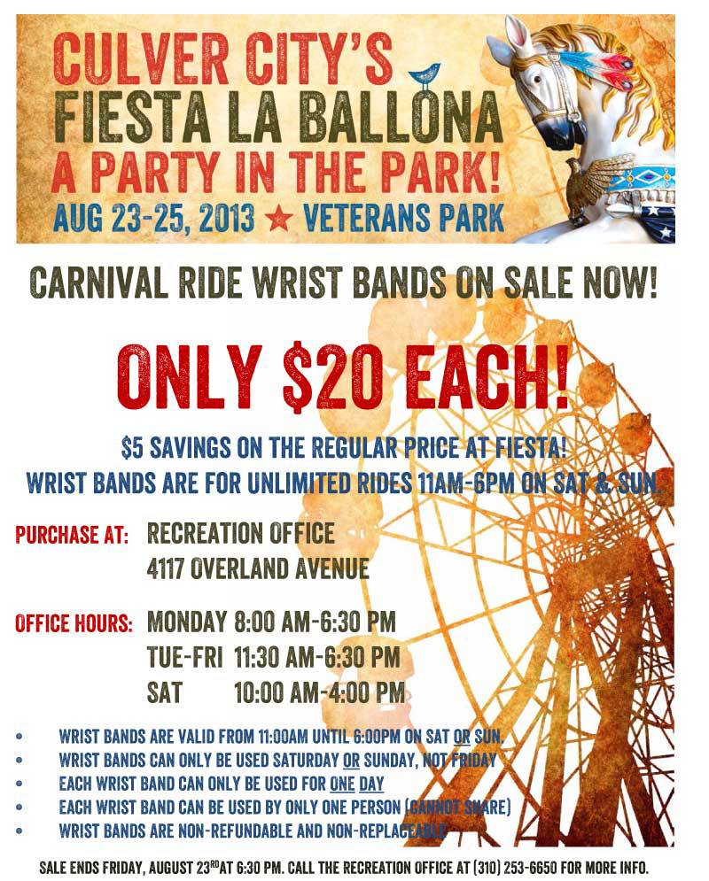 Fiesta La Ballona Carnival Ride Wrist Bands on Sale Now!