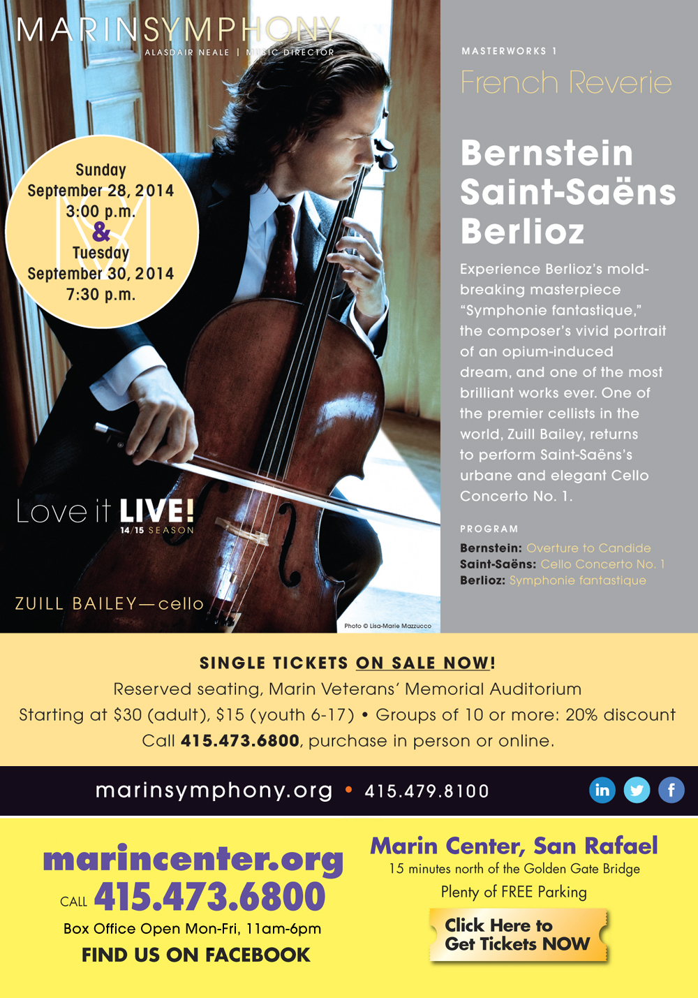 Marin Symphony, Sun & Tues, French Reverie with Zuill Bailey Marin Symphony, Sun & Tues, French Reverie with Zuill Bailey