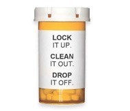 pill bottle with label saying lock it up. clean it out. drop it off.