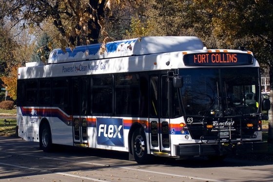 Image of a FLEX bus heading to Fort Collins.