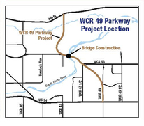 WCR 49 Parkway Location - Map showing where the parkway is located, the surrounding roads, and where the bridge construction is located