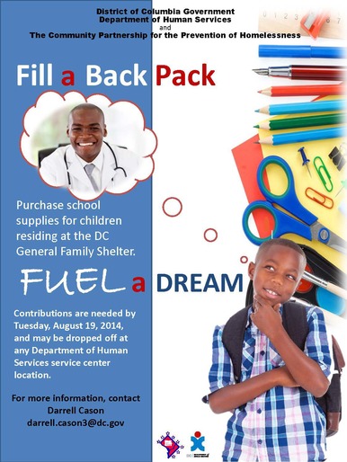 School Supply Donation flier for DC General Families