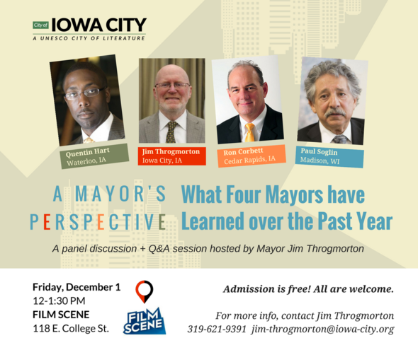 A graphic promtoing the Mayor Forum hosted by Iowa City Mayor Jim Throgmorton. 