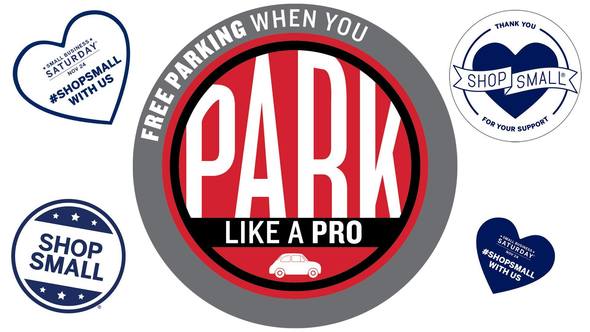 A graphic promoting free parking in downtown ramps on small business saturday