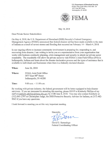 TIME SENSITIVE FEMA To Discuss Flooding Assistance With Private Sector