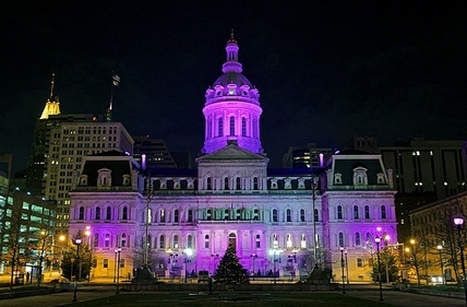Image: City Hall, bathed in purple light