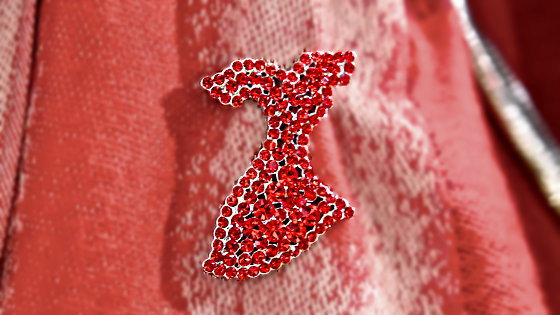 IMAGE: A bejeweled red dress-shaped pin worn in honor of American Heart Month