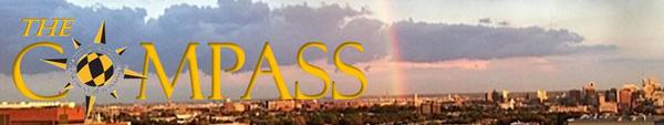 Compass Logo over photo of Baltimore Skyline with Rainbow in sky