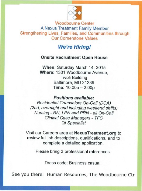 Woodbourne Center is hiring for residential counselors, RN's, LPN's and PRN's.