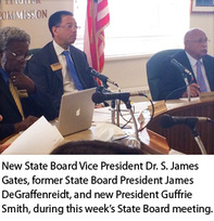 New State Board Vice President Dr. S. James Gates, former State Board President James DeGraffenreidt, and new President Guffrie Smith, during this wee