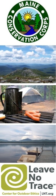 photo montage of Mt Blue, paddle boats on Webb lake, and a grill with the MCC and LNT logos.