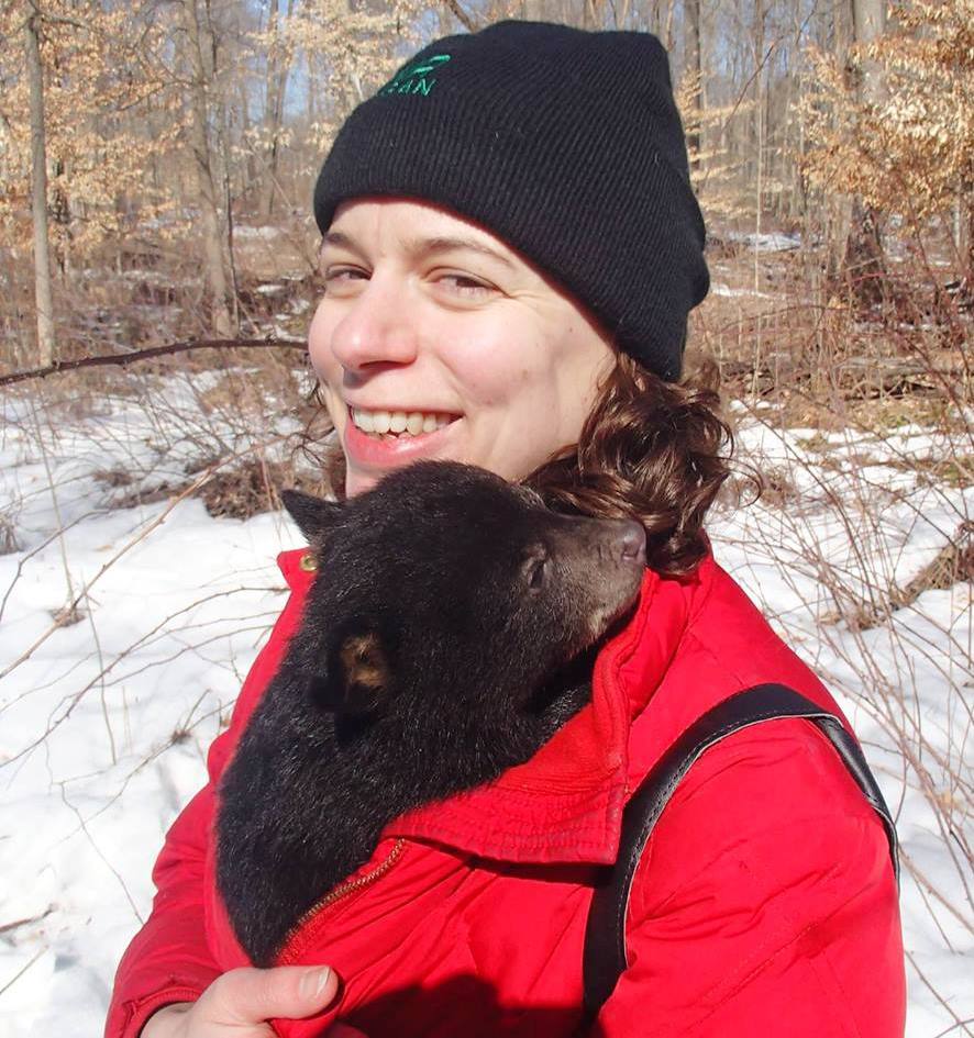 Sarah Mayhew, DNR wildlife research biologist, is in a red jacket with a bear cub tucked inside.