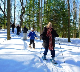 People snowshoeing on a trail.