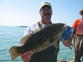 DNR fisheries technician holding up a smallmouth bass