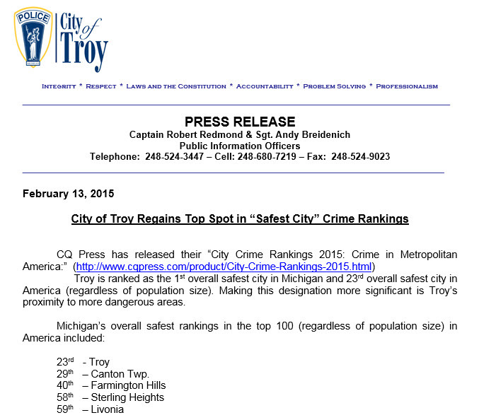 City of Troy Regains Top Spot in “Safest City” Crime Rankings