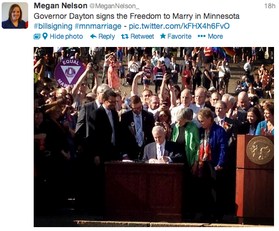 Tweet: Governor Dayton signs the historic freedom to marry bill!