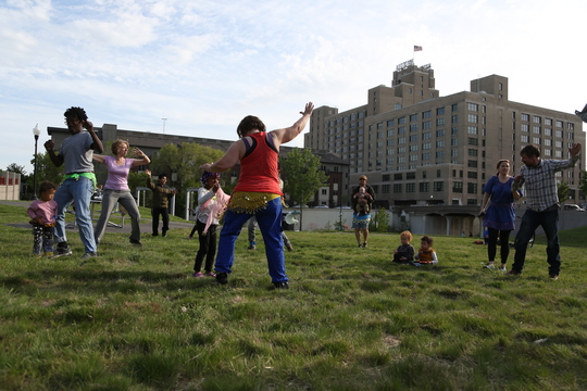 People zumba for exercise in the Cepro greenspace