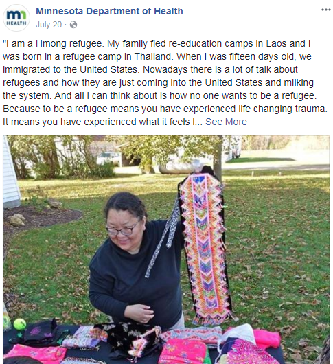 Screenshot of Facebook post with refugee story. 