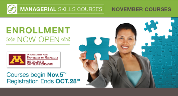 ELD-Headline: Managerial Skills Courses Enrollment Now Open in partnership with U of MN with image of professional woman organizing puzzle pieces
