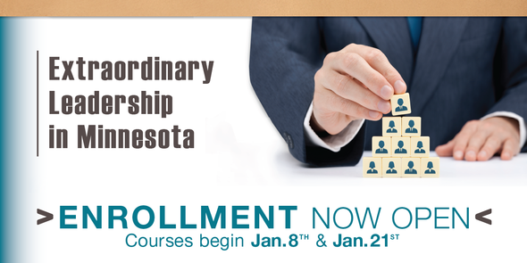Image of a business man stacking blocks with Headline: Extraordinary Leadership in MN - Enrollment NOW OPEN for January courses