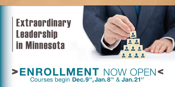 Image of a business man stacking blocks with Headline: Extraordinary Leadership in MN - Enrollment NOW OPEN 