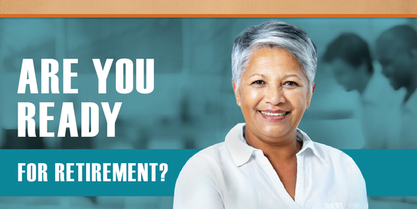 Headline: Are You Ready for Retirement? with Image of Mature Woman smiling in front of business office
