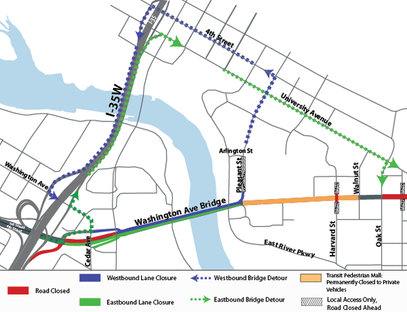 Map of Overnight Washington Avenue Bridge Closures