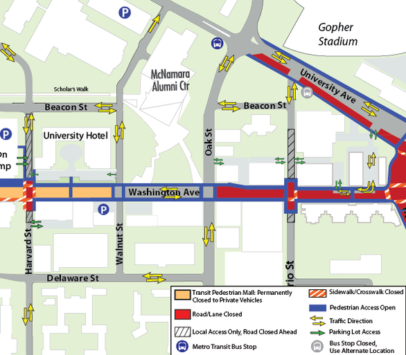 Map of construction on Washington Avenue from Harvard Street to Huron Boulevard