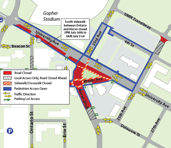 Map of construction at intersection of University Avenue, Huron Boulevard, and 23rd Avenue