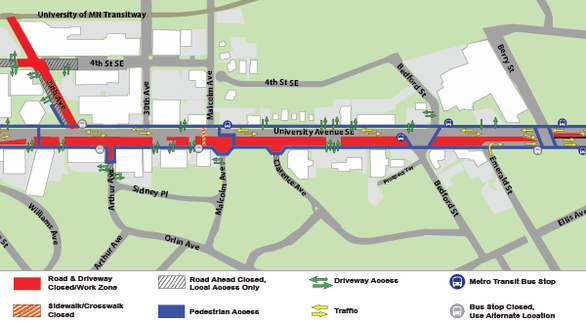 Map of construction on University Avenue from 29th Avenue to Bedford Street