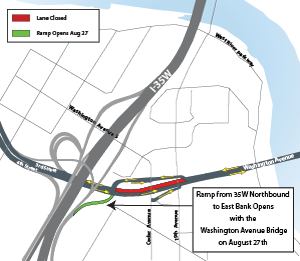 Map of I35W ramp reopeing Aug 27