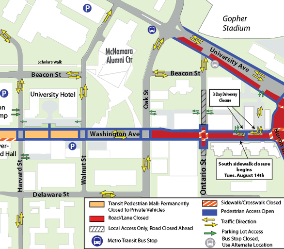 Map of construction on Washington Avenue from Harvard Street to Huron Boulevard