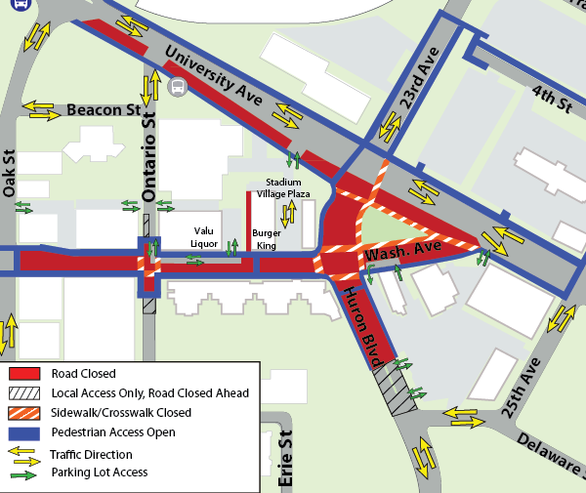 Map of closure of Stadium Village Plaza driveways