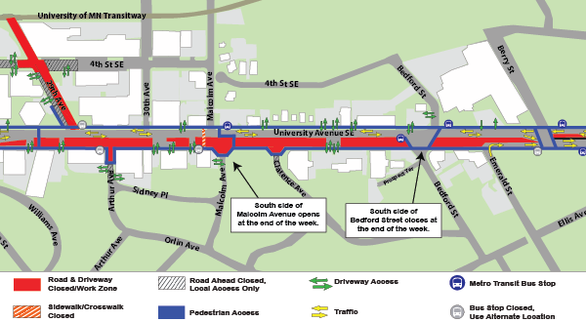 Map of construction on University Avenue from 29th Avenue to Bedford Street