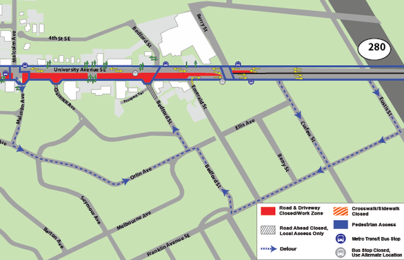 Map of Bedford Streeet closure and detour
