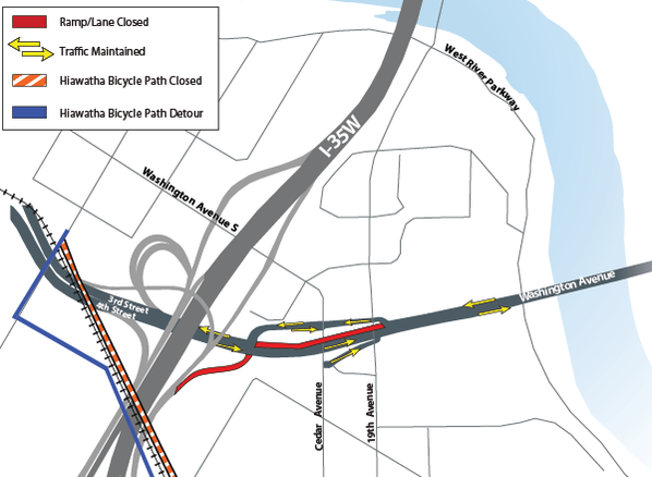 Map of construction near I-35W and Washington Avenue