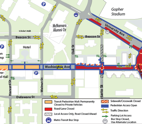 Map of Construction on Washington Avenue from Harvard Street to Huron Boulevard