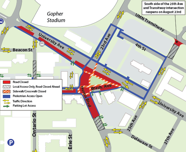 Map of Construction near the intersection of Huron Boulevard, University Avenue, and 23rd Avenue