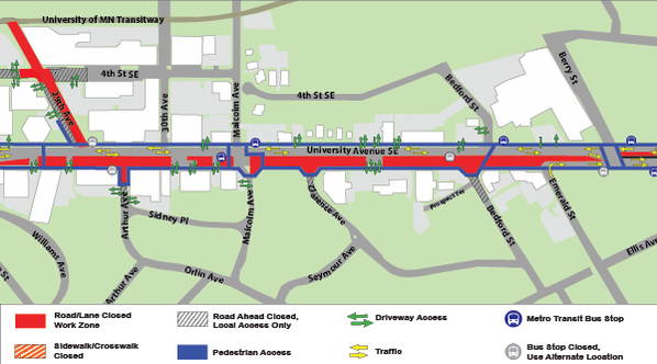 Map of Construction on University Avenue from 29th Avenue to Bedford Street