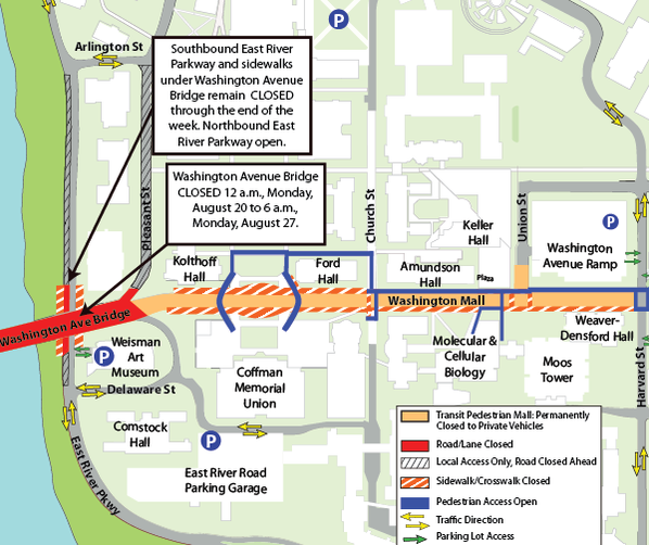 Map of construction on Washington Avenue from Mississippi River to Harvard Street