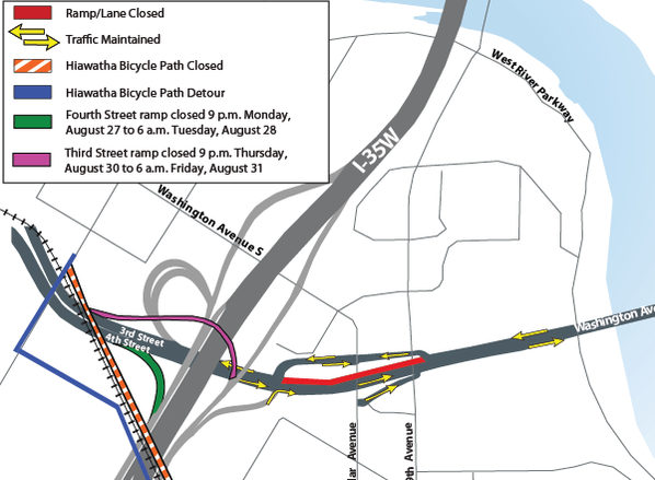 Map of construction near I-35W and Washington Avenue interchange