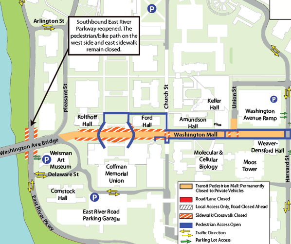 Map of construction on Washington Avenue from Mississippi River to Harvard Street