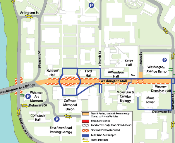 Map of closure of south Washington Avenue sidewalk: Church Street to Union Street
