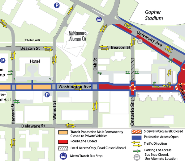 Map of construction on Washington Avenue from Harvard Street to Huron Boulevard