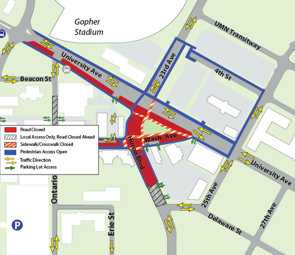Map of construction at the intersection of University Avenue, Huron Boulevard and 23rd Avenue