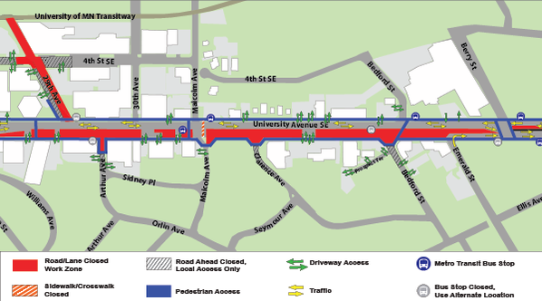Map of construction on University Avenue between 29th Avenue and Bedford Street