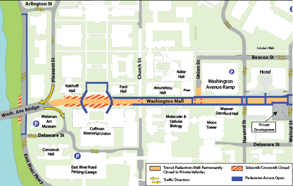 Map of construction on Washington Avenue from Mississippi River to Walnut street