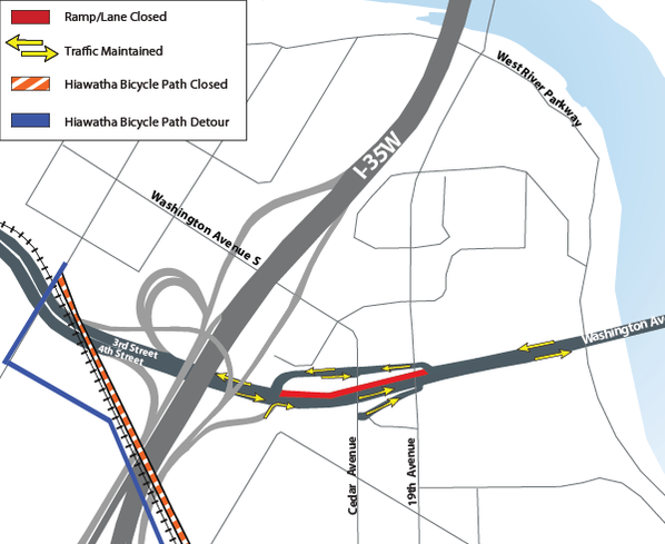 Map of construction near I-35W and Washington Avenue Interchange